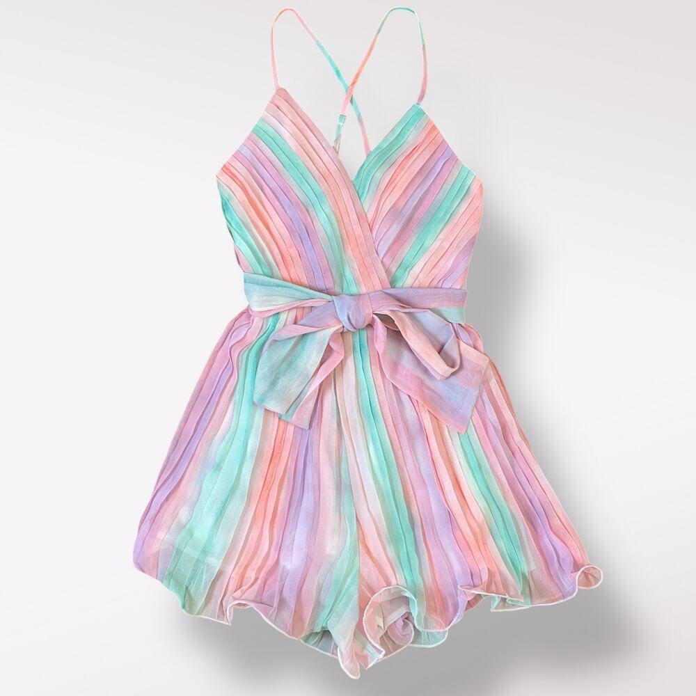 Luxxel Rainbow Accordion Backless Ruffled‎ Romper Size S Flirty Preppy Party